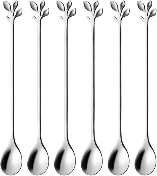 AnSaw 6-Piece Elegant Silver Leaf Long Handle Teaspoons - 7.4" Stainless Steel Stir Spoons for Coffee & Tea, Perfect for Mixing & Stirring