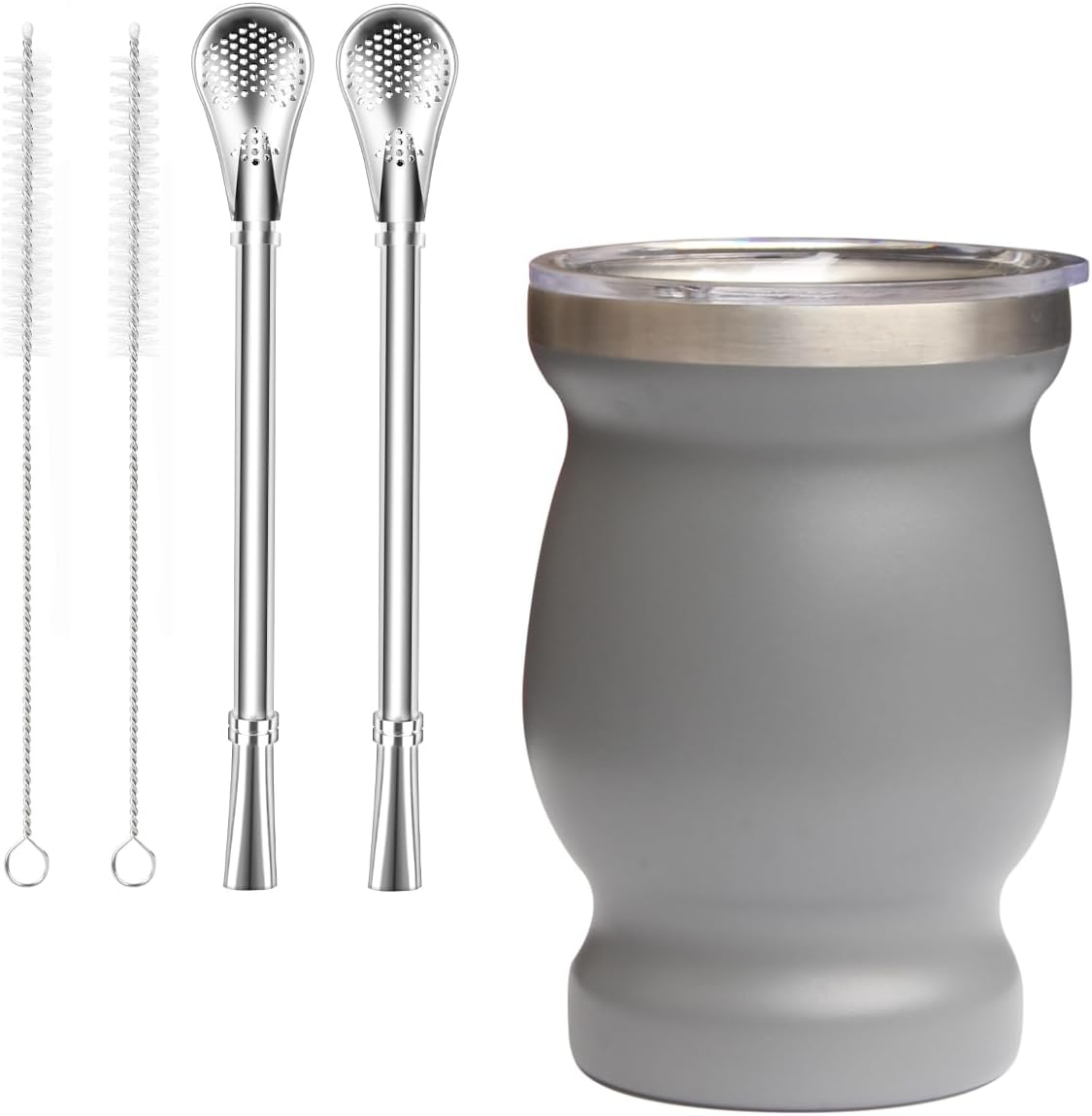 Beruth Bombilla Yerba Mate Gourd, 8oz Stainless Steel Tea Cup Set with a Multifunctional Lid, Two Straws and Cleaning Brushes, Double Walled Coffee Mug Heat Insulation Anti Scalding （Starry Sky Grey）