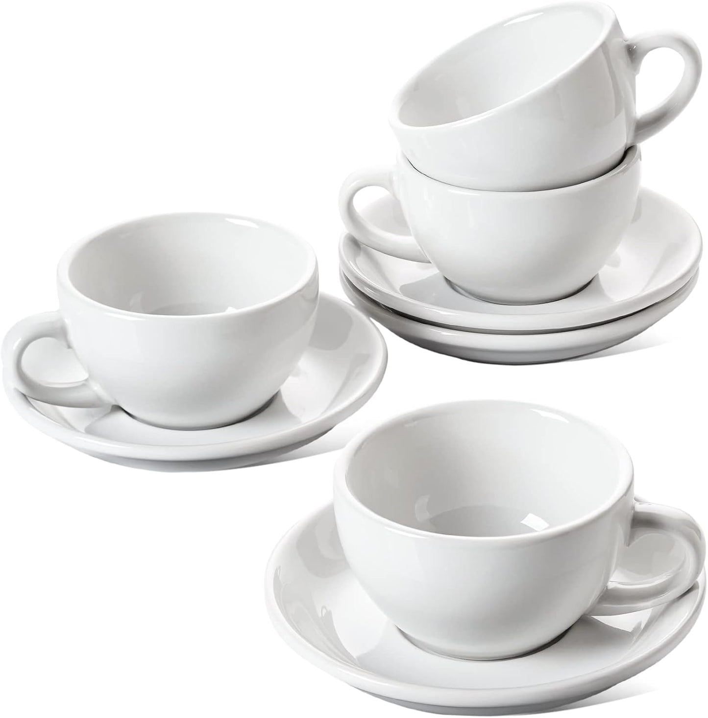 LE TAUCI 8 oz Cappuccino Cups with Saucers,Ceramic Large Coffee Cup for Au Lait, Double shot, Latte, Cafe Mocha, Tea - Set of 4, White