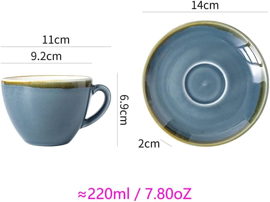 SHUER Ceramic Cappuccino Cup Set of 4, 7.8 OZ Cups and Saucers Set,Coffee Mocha Cup Sets,Black Coffee Cups and Glaze Americano Mugs Great for Party and Low Tea Time (Blue 220ml)