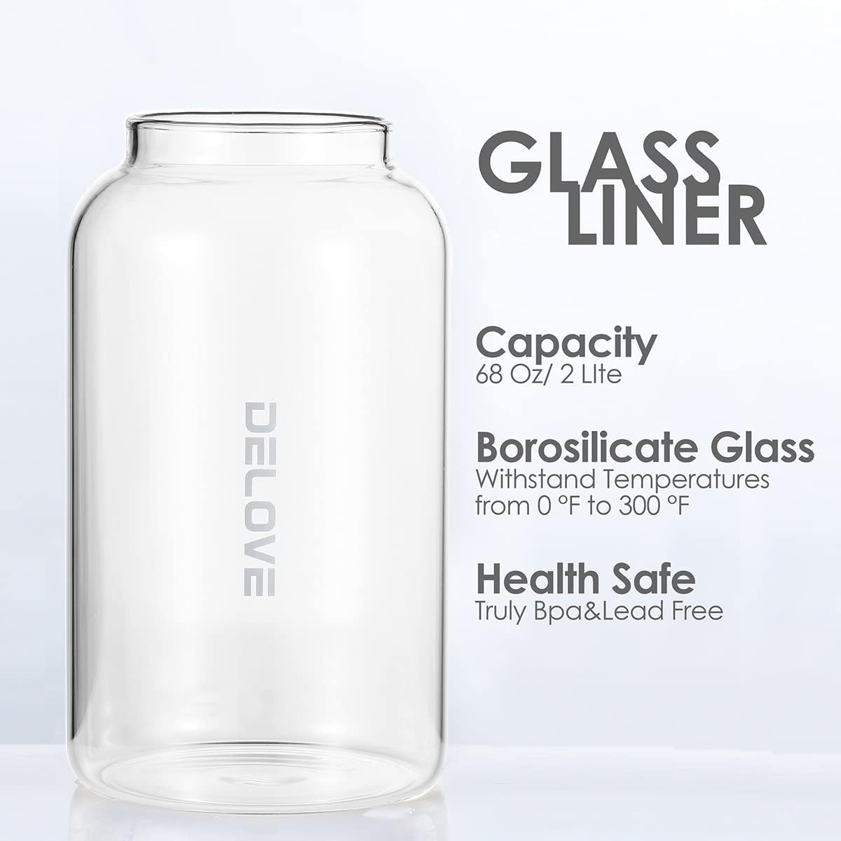 Delove 68 oz/2 Liter Glass Pitcher with Shatterproof Shell - Heat Resistant Glass Liner - Stainless Steel Lid - Carafe & Jug for Iced Tea,Hot/Cold Water,Homemade Juice Beverages (Black)