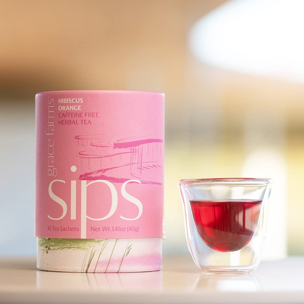 Grace Farms HIBISCUS ORANGE Herbal Tea (16 Pyramid Sachets) | Naturally Sweet, Reviving and Caffeine Free | Organic, Fair Trade and Kosher Certified | Delicious Iced Tea | Gives Back 100% of Profits