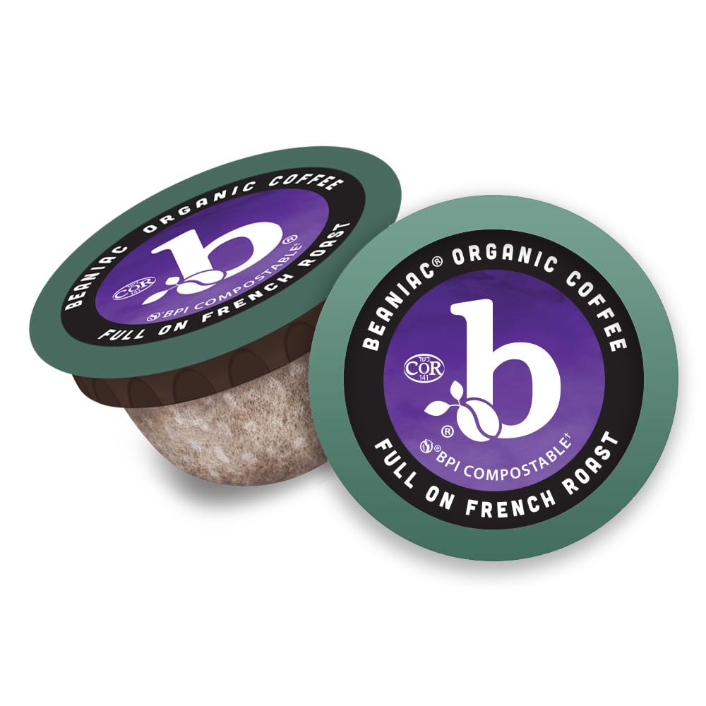 beaniac Organic Full On French Roast, Dark Roast, Single Serve Compostable K Cup Coffee Pods, Organic Arabica Coffee, Keurig Brewer Compatible, 30 Count