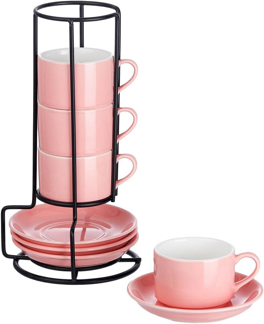 2.5oz Porcelain Stackable Espresso Cups with Saucers and Metal Stand Set of 4, Stackable Cappuccino Cups, Pink Expresso Shots Cup Set for Coffee Drinks, Latte, Tea