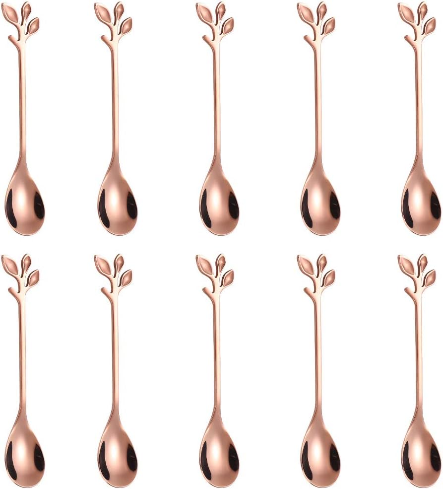 AnSaw Elegant Rose Gold Leaf Coffee Spoons - 10-Piece, 4.7" Mini Stainless Steel Espresso & Dessert Tea Spoons, Perfect for Demitasse & Small Servings
