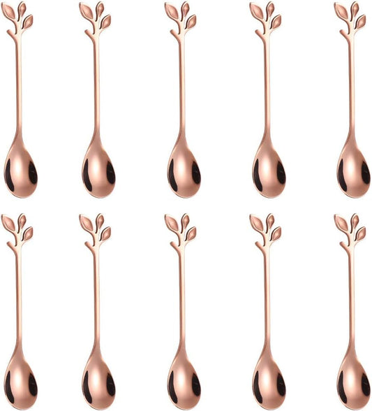 AnSaw Elegant Rose Gold Leaf Coffee Spoons - 10-Piece, 4.7" Mini Stainless Steel Espresso & Dessert Tea Spoons, Perfect for Demitasse & Small Servings