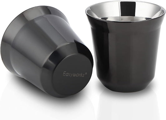 Easyworkz Stainless Steel Espresso Cup 2pcs Set Double Wall Insulated Metal Demitasse Cups (Black, 5 oz)