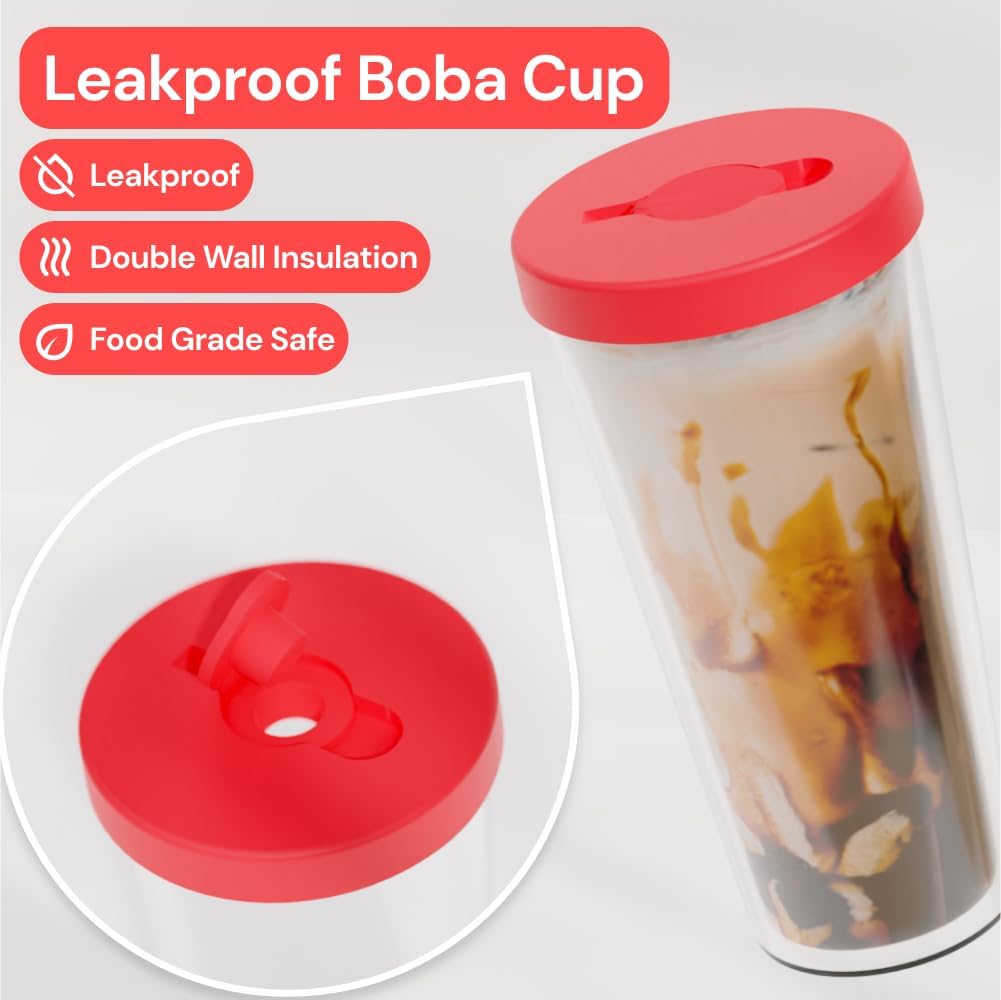 Dodoko Reusable Boba Cup and Straw Boba Tea Cup Bubble Tea Cup Reusable Iced Coffee Cup Cold Coffee Cup Smoothie Cup with Lid and Straw Smoothie Cup to go Smoothie Tumbler 17 oz - Hot Pink