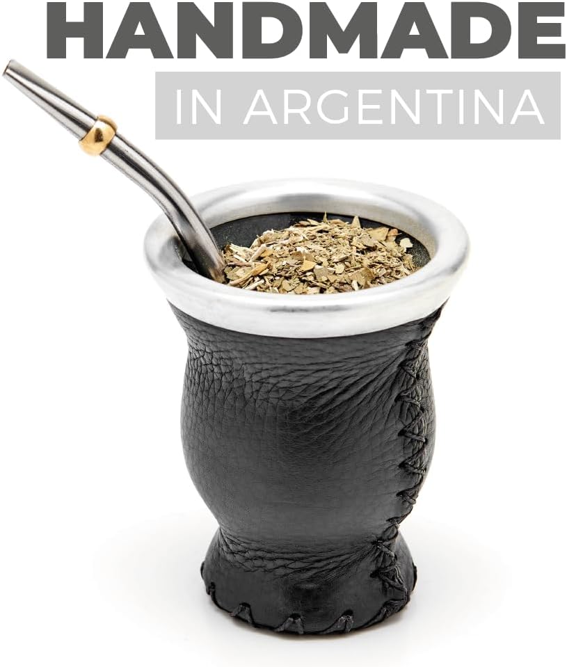 BALIBETOV Leather & Glass Yerba Mate Gourd Set (Mate Cup) with Yerba Mate Bombilla