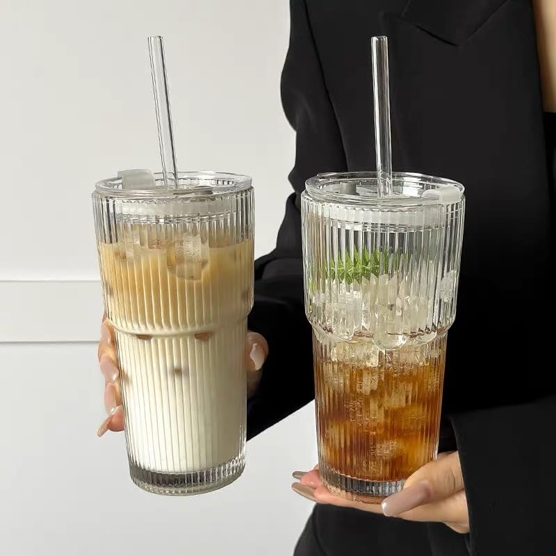 20oz Ribbed Glass Cups with Lids and Straws 2 Set, Vintage Glassware for Whiskey Cocktail Beer, Glass Tumbler, Iced Coffee Cups For Cold Drinks, Smoothie, Juice,Drinking (2)