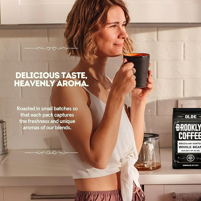 BROOKLYN COFFEE Whole Bean, Brazilian Santos Medium Roast (5lb) American, Breakfast, Classic - Fresh Bulk Coffee Beans Roasted Weekly in NYC