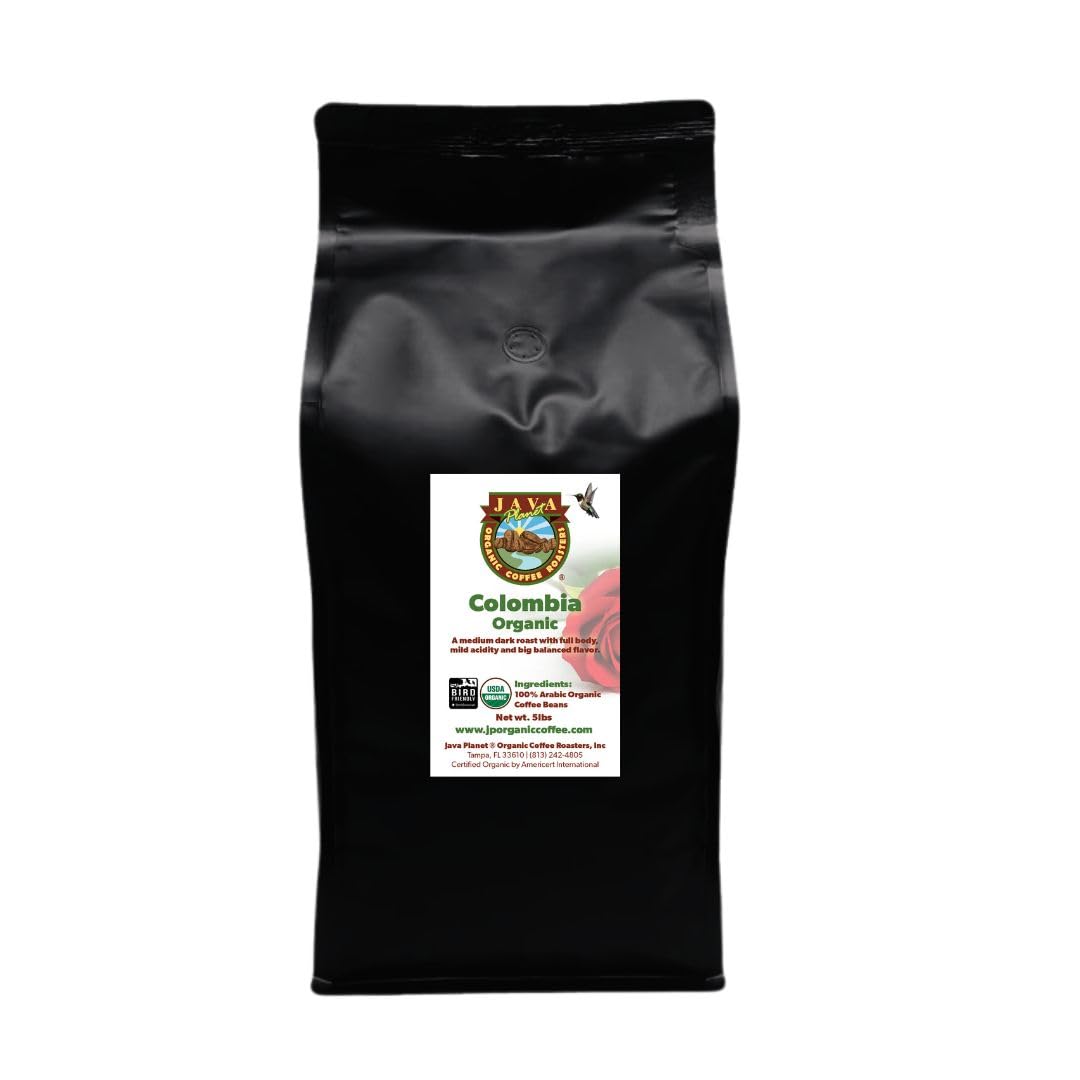 Low Acid Organic Coffee – Whole Bean, Mold-Free & Stomach Friendly by Java Planet, Colombian Single Origin, Medium Dark Roast, Smooth Full Flavored, 5LB Bag