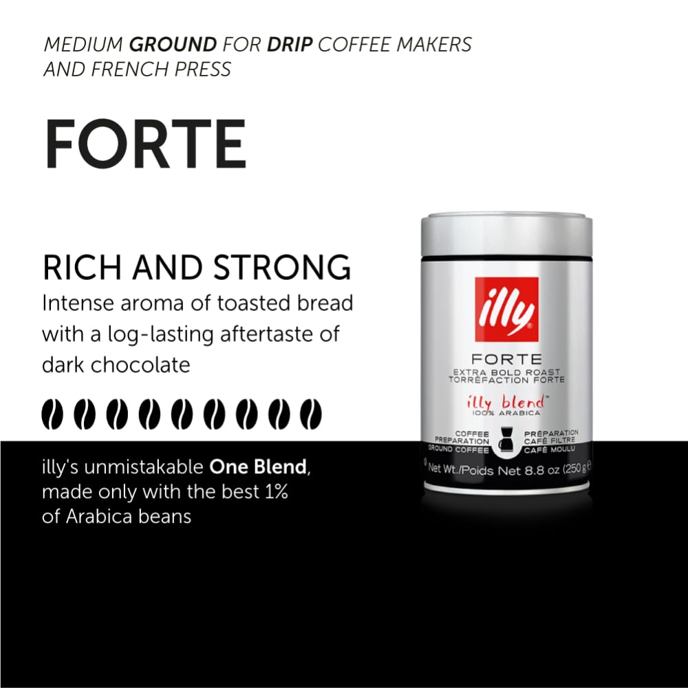 Illy Ground Drip Coffee - Forte Extra Bold Roast Coffee - Rich & Strong Flavor - 100% Arabica - Pre-Ground for Drip Pour Over - Pressurized Packaging Sealed for Freshness - 8.8oz (Pack of 6)