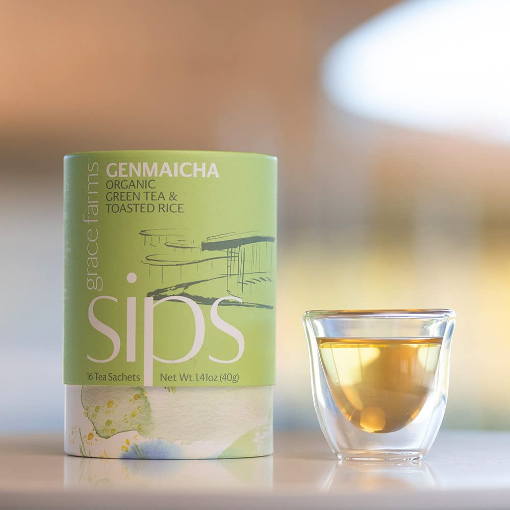 Grace Farms Organic GENMAICHA Green Tea (16 pyramid sachets) | Japanese Sencha and Toasted Rice | Smooth and Nutty | Organic and Kosher Certified | Gives Back 100% of Profits