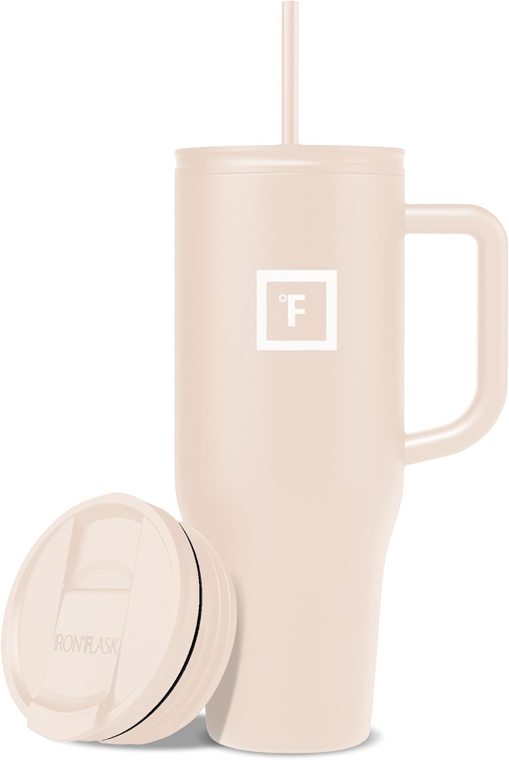 IRON °FLASK Co-Pilot Insulated Mug w/Straw & Flip Cap Lids - Cup Holder Bottle for Hot, Cold Drink - Leak-Proof - Water, Coffee Portable Travel Mug - Sand, 40 Oz