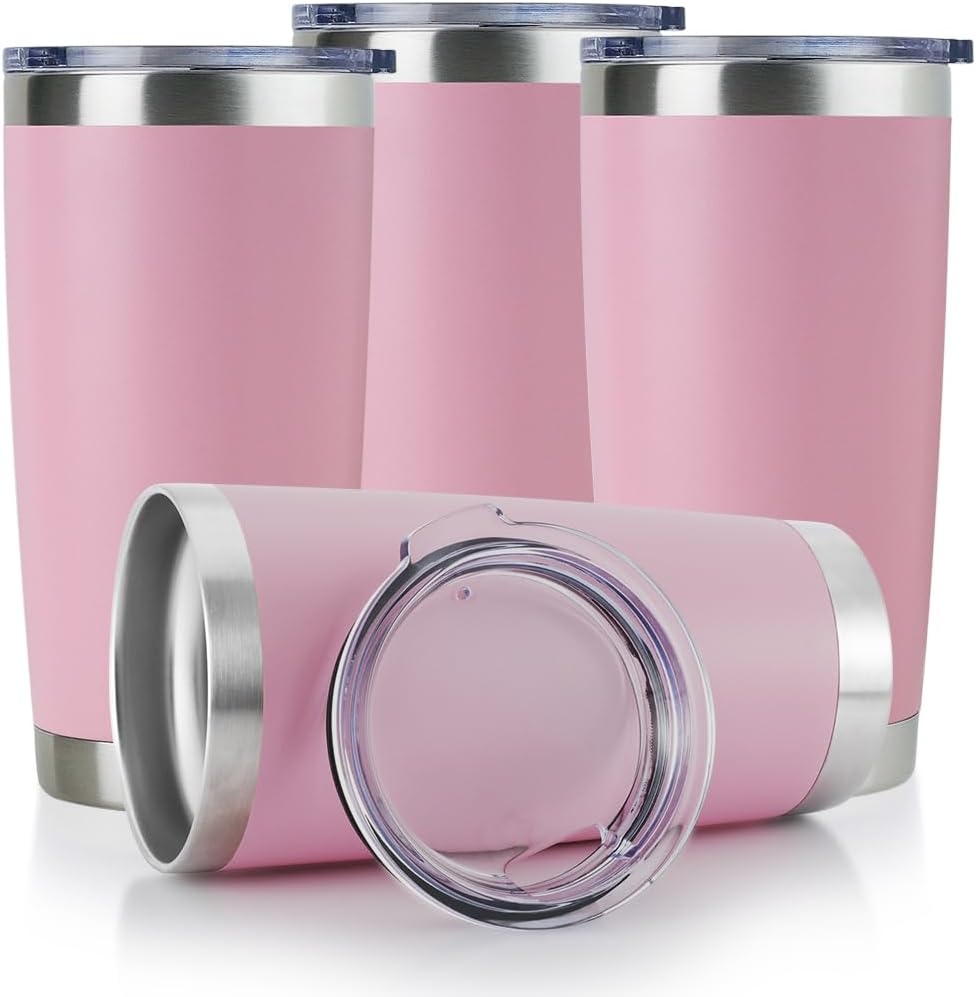 DOMICARE 20oz Stainless Steel Tumbler Bulk with Lid, Double Wall Vacuum Insulated Travel Mug, Powder Coated Coffee Cup, Pink, 4 Pack