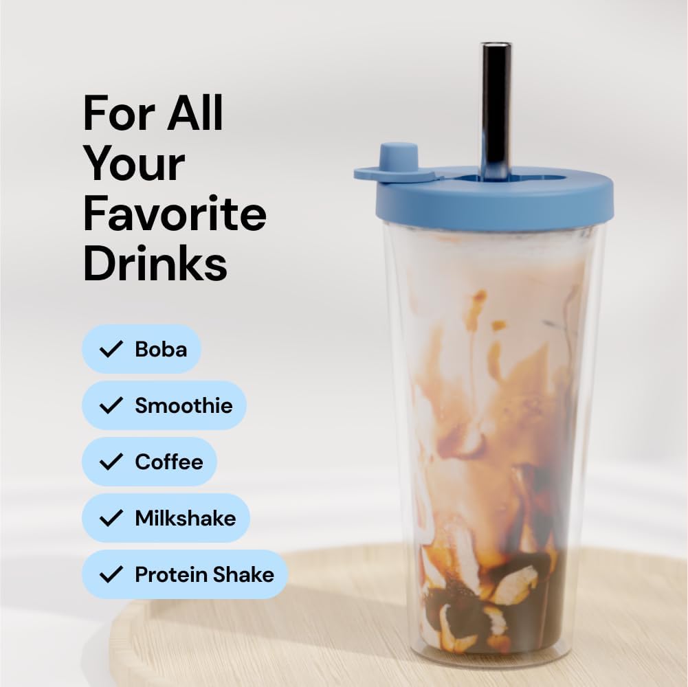 Dodoko Reusable Boba/Bubble Tea Cup - 17 oz with Lid & Straw; Cold Coffee/Smoothie Cup to Go - Breeze Blue