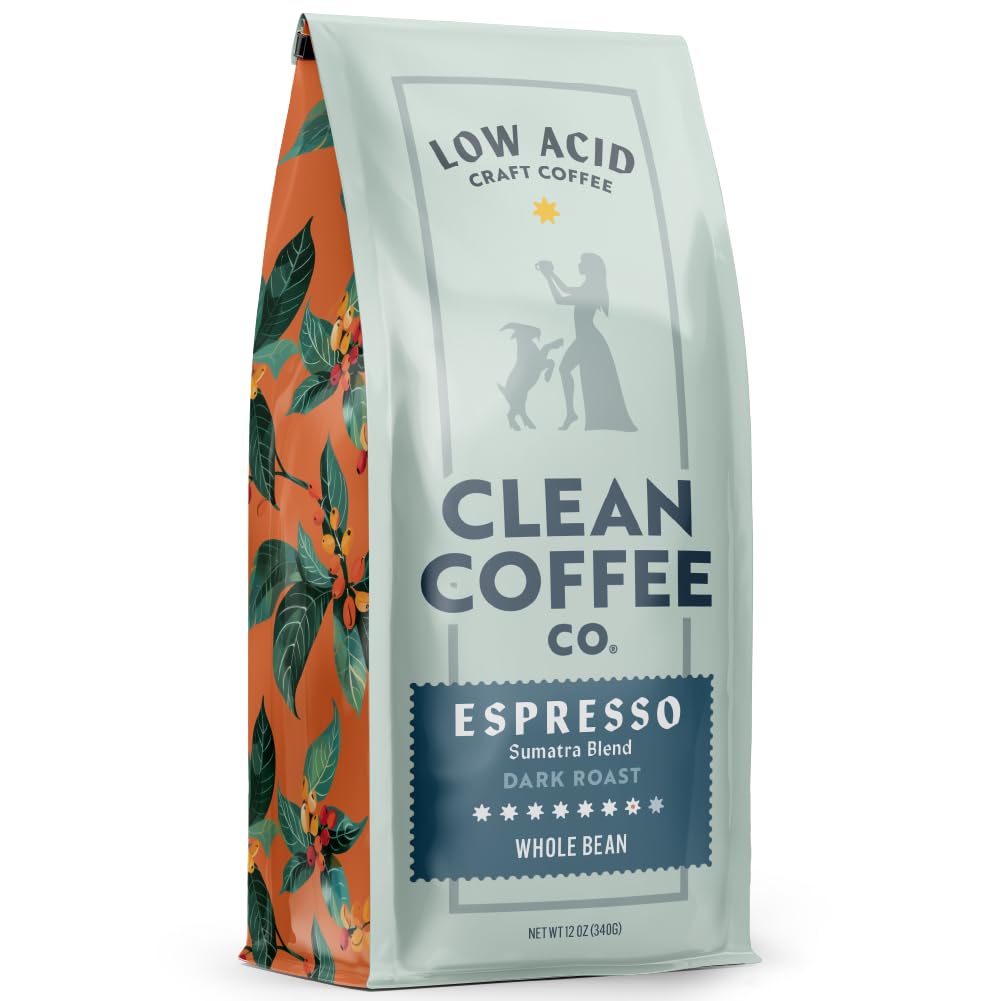 Clean Coffee Co. - Low Acid Espresso Roast, Tested for Molds and Toxins, Sumatra Blend, Notes of Dark Chocolate, Caramel, Toasted Sweetness (Whole Bean, 12 oz Bag)