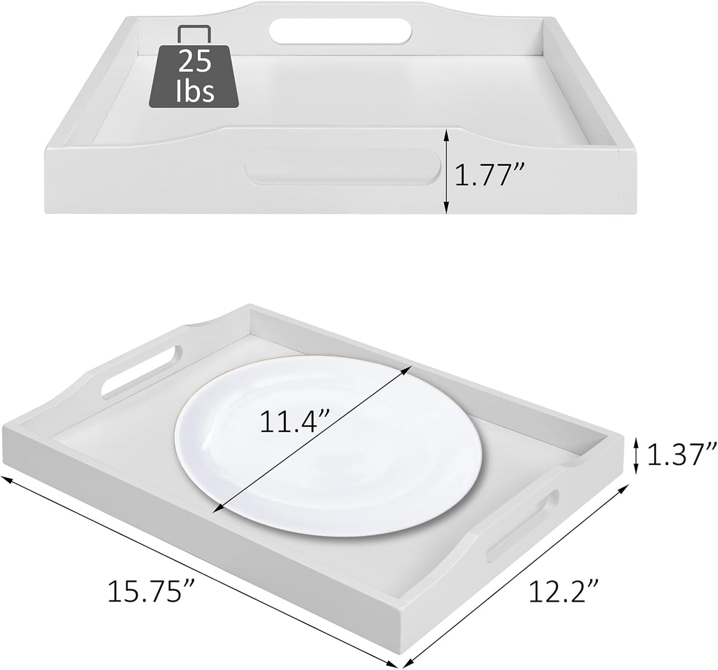 Bamboo Food Serving Tray with Handles, Breakfast Bed Tray for Tea,Snack,Dinner, Home Decorative Storage Food, Platter, Ottoman for Kitchen Counter, Bathroom, Restaurant (White)