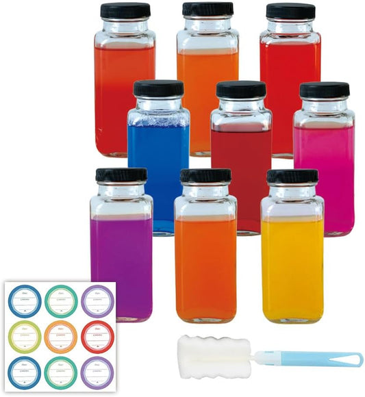 ZZT 9 Pack 8 oz Glass Juice Bottles, 250 ml Glass Reusable Water Bottles with Lids, Water Drinking Jars with Labels and Brush,Water Drinking Jars for Milk,Juicing,Beverage Glassware