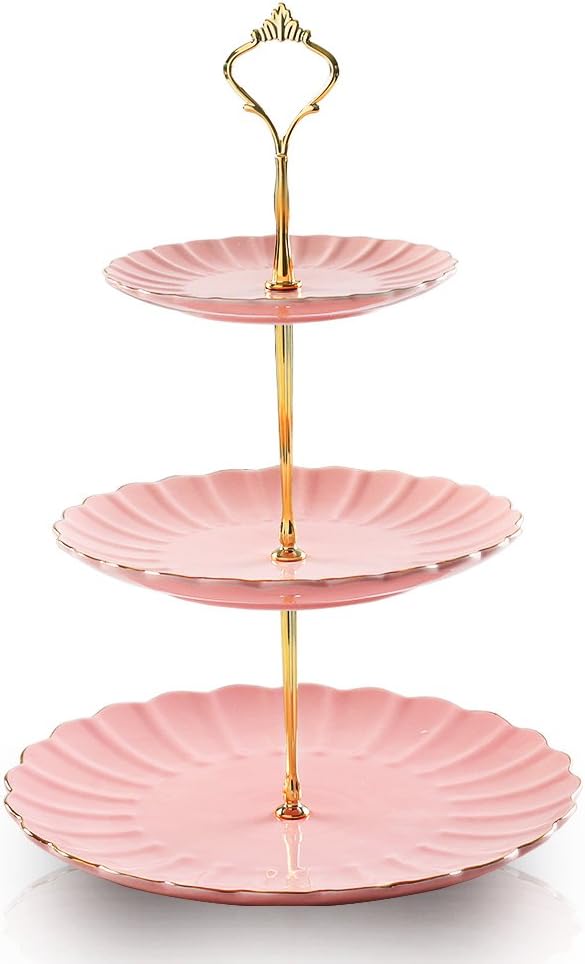 Sweejar 3 Tier Ceramic Cake Stand Wedding, Dessert Cupcake Stand for Tea Party Serving Platter (Pink)