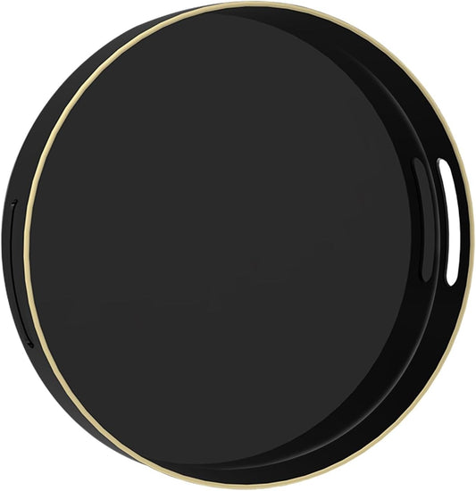 MAONAME Black Decorative Tray for Coffee Table, Modern Round Serving Tray with Handles, 13" Plastic Tea Trays for Ottoman, Bathroom Decor