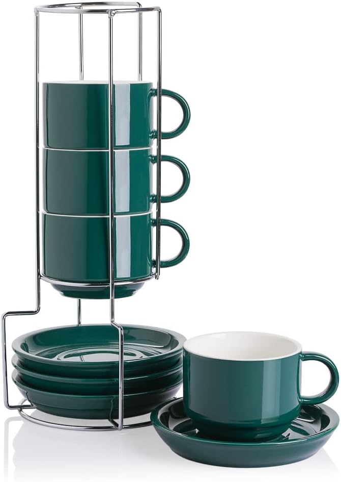 Sweejar Porcelain Cappuccino Cups with Saucers and Metal Stand, 8 Ounce Stackable Espresso Cups for Specialty Coffee Drinks, Latte, Americano, Tea - Set of 4 (Jade)