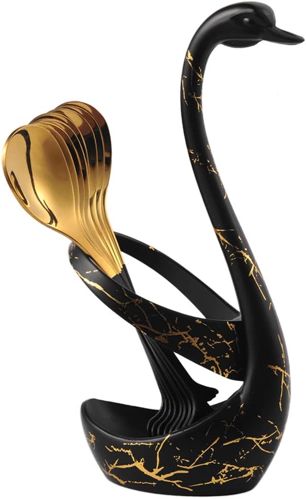 AnSaw Small Coffee Spoon Holder Set,Black Swan Base With 10 Pcs Black & Gold Demitasse Espresso Spoons Set,4.7" Mini Leaf Dessert Spoon,Stainless Steel Tea Spoons