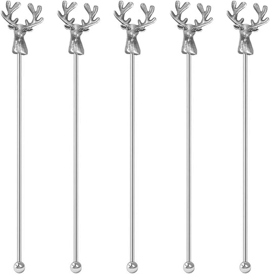 Swizzle Sticks,5 Pcs Stainless Steel Reusable Deer Head Shape Cocktail Stirrer Coffee Beverage Stir Sticks for Cocktail, Whiskey, Hot Cocoa, Creamer (Ancient Silver)
