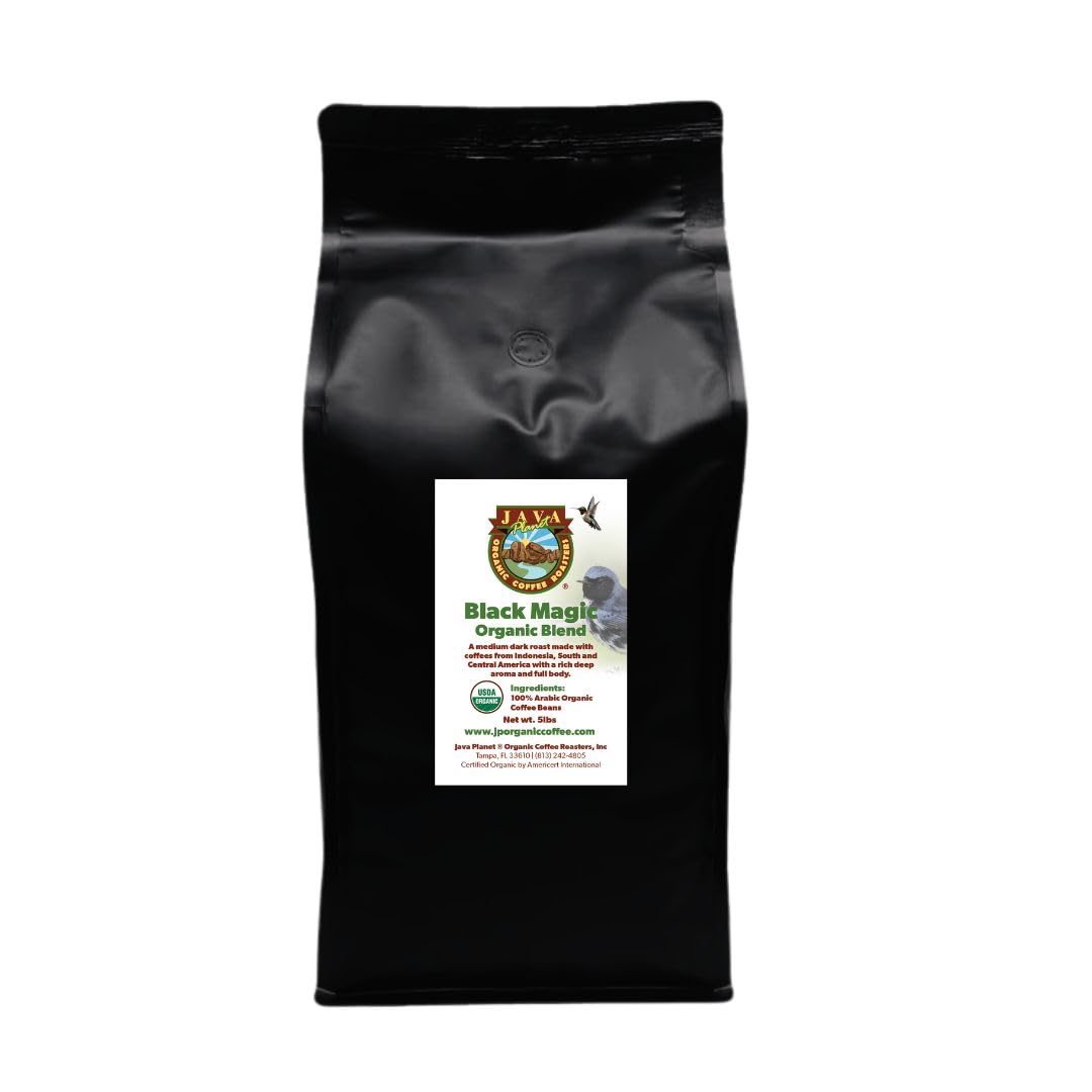 Low Acid Organic Coffee – Whole Bean, Mold-Free & Stomach Friendly by Java Planet, Black Magic Blend Coffee, Medium Dark Roast, Smooth Full Flavored, 5LB Bag