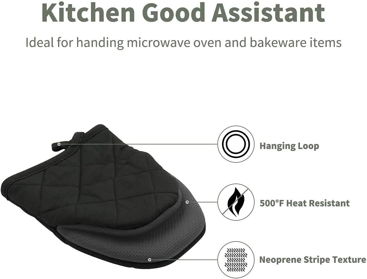 1 Pair Short Oven Mitts, Heat Resistant Silicone Kitchen Mini Oven Mitts for 500 Degrees, Non-Slip Grip Surfaces and Hanging Loop Gloves, Baking Grilling Barbecue Microwave Machine Washable