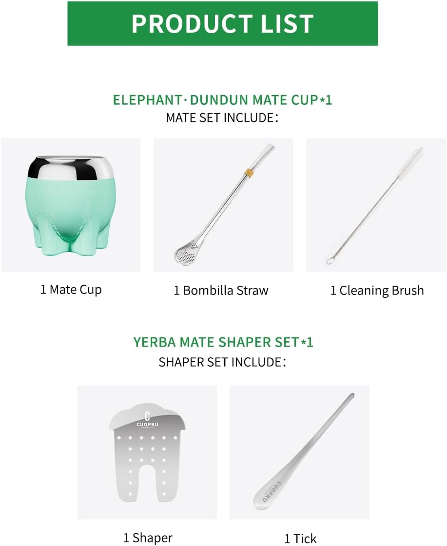 Premium Yerba Mate Cup 5 in 1 Set, Including Stainless Steel Gourd (Glitter Stars, Cute Elephant Style) Bombilla Straw, and Tea Shaper Set, 5.4oz, Gift for Women Drinking Coffee Tea Water