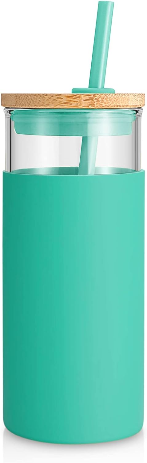 Tronco 20 oz Glass Tumbler with Lid and Straw, Reusable Iced Coffee Cup with Silicone Sleeve & Bamboo Lid, Smoothie Cup for Home,Office, for Father Men Day Gift from Wife Daughter Son (Gress)