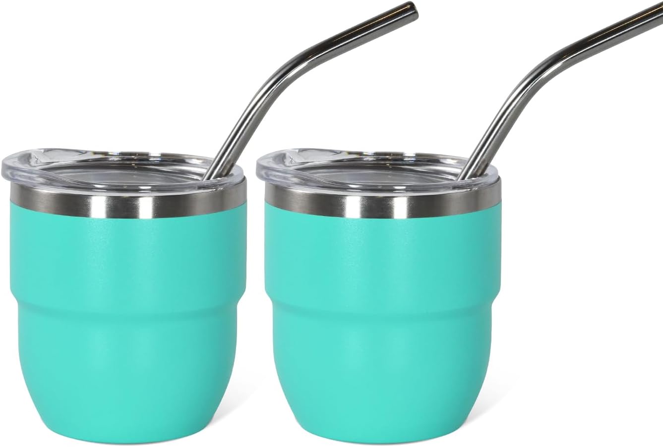 4oz Stackable Cup, Vacuum Insulated Espresso Cup Set of 2, Espresso Shot Glass for Coffee, Double Wall Stainless Steel Mini Tumbler Shot Glasses with Straw and Lid (A-blue2P, 4oz)