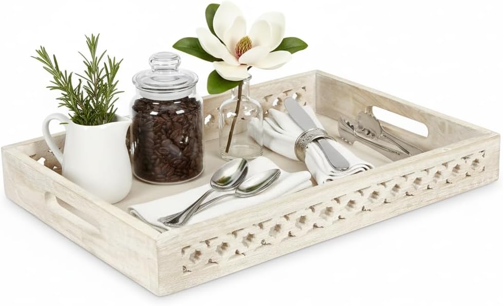 Mela Artisans Whitewash Wooden Decorative Tray with Handles | 16x12x2.5 Mango Wood Ottoman Tray | for Kitchen Countertop | Coffee Table | Snacks | Desserts | Breads | Bedroom Decor