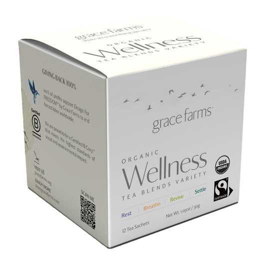 Grace Farms Wellness Organic Tea Blend Variety Box (12 Enveloped Sachets) | BREATHE, REST, REVIVE, and SETTLE | 3 Sachets of Each Tea With Adaptogens | Fairtrade & Kosher | Gives Back 100% of Profits