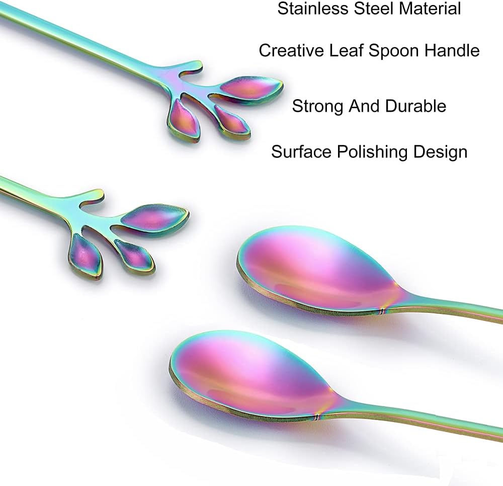 AnSaw Elegant Rainbow Leaf Coffee Spoons - 10-Piece, 4.7" Mini Stainless Steel Espresso & Dessert Tea Spoons, Perfect for Demitasse & Small Servings