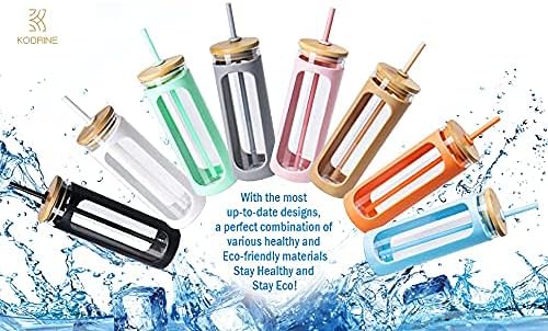 Kodrine 20oz Glass Tumbler with Straw and Lid, Iced Coffee Cups with Bamboo Lids, Glass Cups for Cold Drinks, Smoothie Cup with Silicone Sleeve for Travel, Work, BPA FREE-SkyBlue