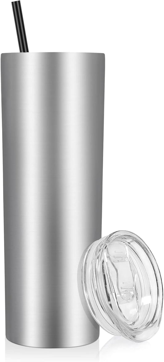 VEGOND Stainless Steel Skinny Tumbler, 20 oz Vacuum Insulated Tumbler with Lid and Straw, Double Wall Coffee Cup, Travel Mug for Cold Hot Drinks, Stainless Steel 1 Pack