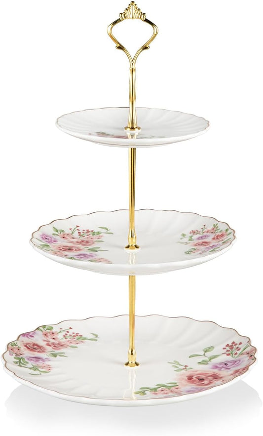 Sweejar 3 Tier Ceramic Cake Stand Wedding, Dessert Cupcake Stand for Tea Party Serving Platter (Rose Flower)