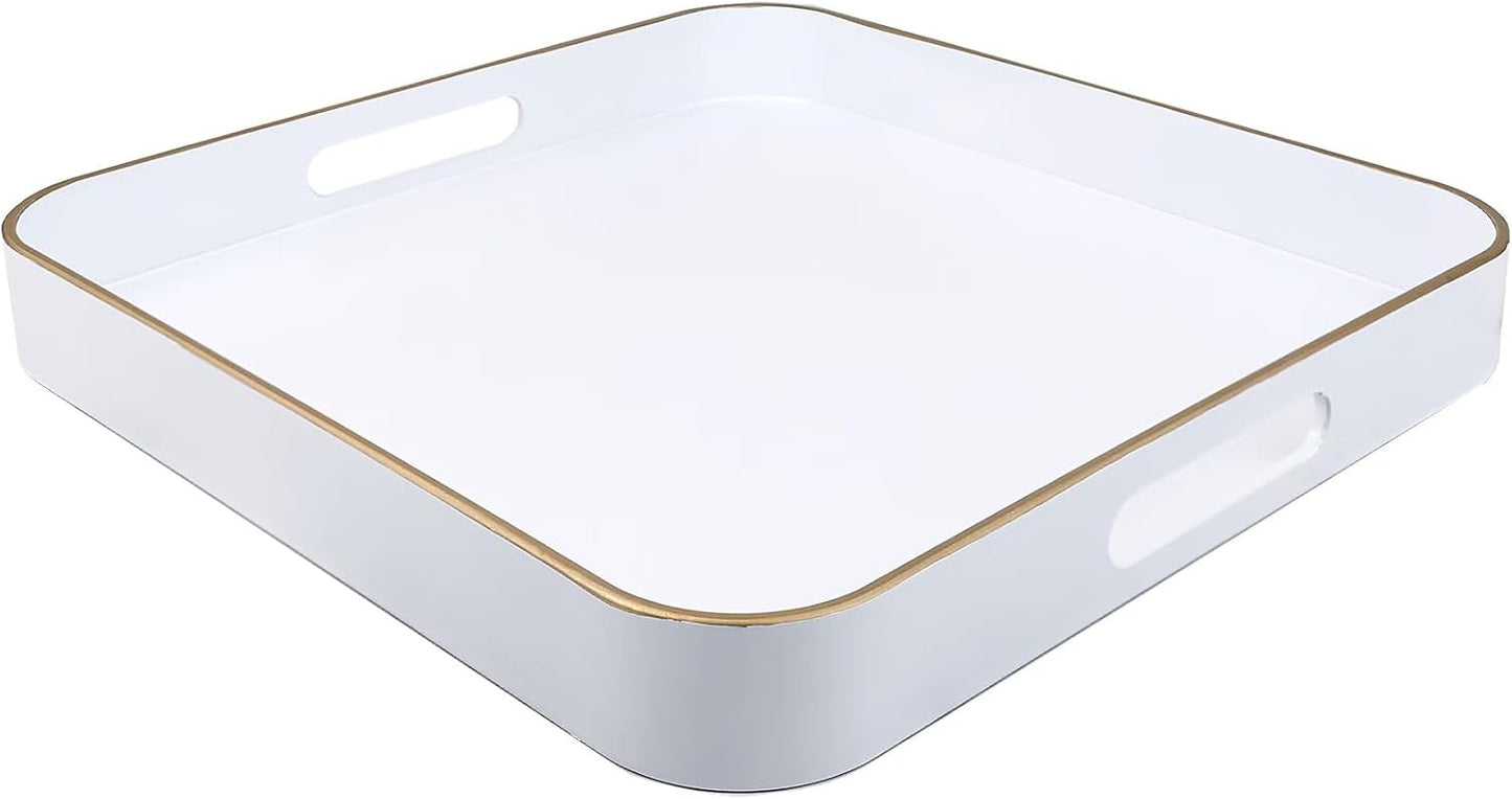 White Square Decorative Tray with Handles, 13"*13" Versatile Serving Tray for Coffee Table, Ottoman, Ideal for Serving, Displaying, Organizing