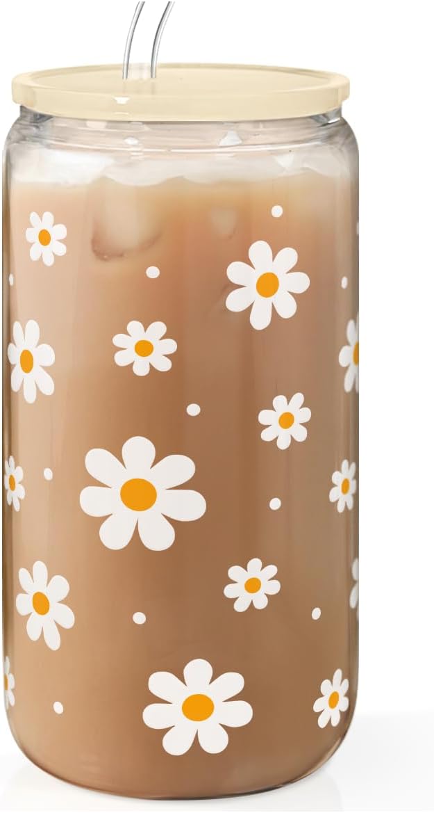 Daisy 16 Oz Can Glass Tumbler with Acrylic Lid and Straw - Iced Coffee Cups for Women, Aesthetic Glass Cup Gift for Birthday Christmas