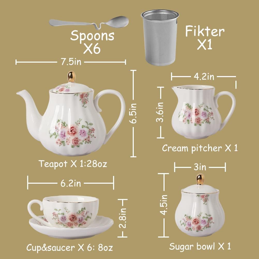 Porcelain Tea Sets British Royal Series, 8 OZ Cups & Saucer Service for 6, with Teapot Sugar Bowl Cream Pitcher Teaspoons and Tea Strainer, Suitable for High Tea, Wedding, Party（Morning glory）