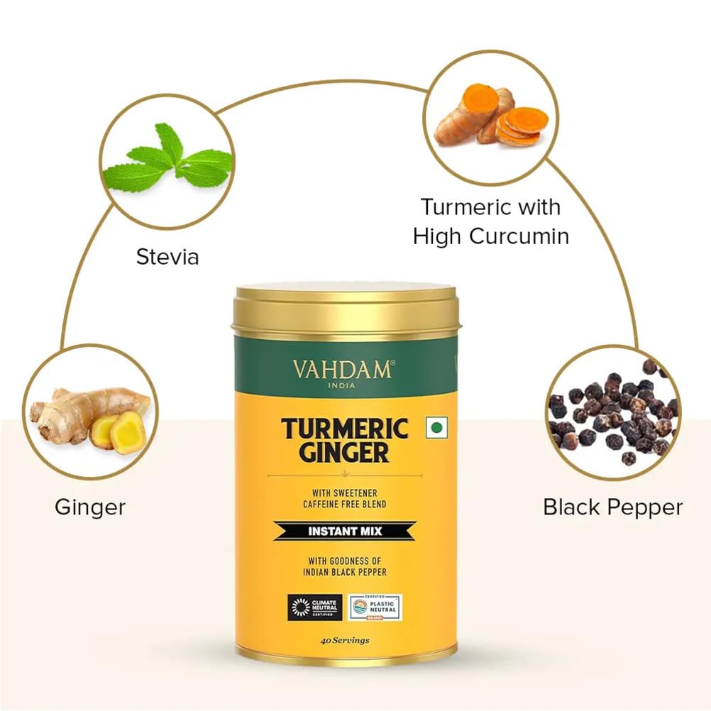VAHDAM, Golden Milk Powder/Turmeric Ginger Latte Mix (100g, 40 Cups) Caffeine-Free | Powerful Curcumin, Turmeric Powder & Ginger | Brew Hot/Iced Tea