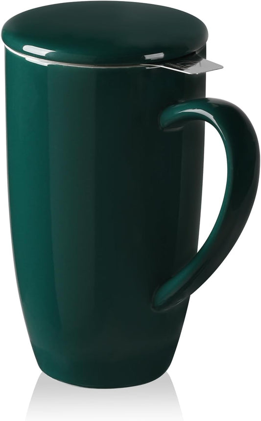 Sweejar Porcelain Tea Infuser Mug with Lid, 20 oz Teacup with Strainers for Loose Leaf Tea, Microwave and Dishwasher Safe Coffee Mug(Jade)