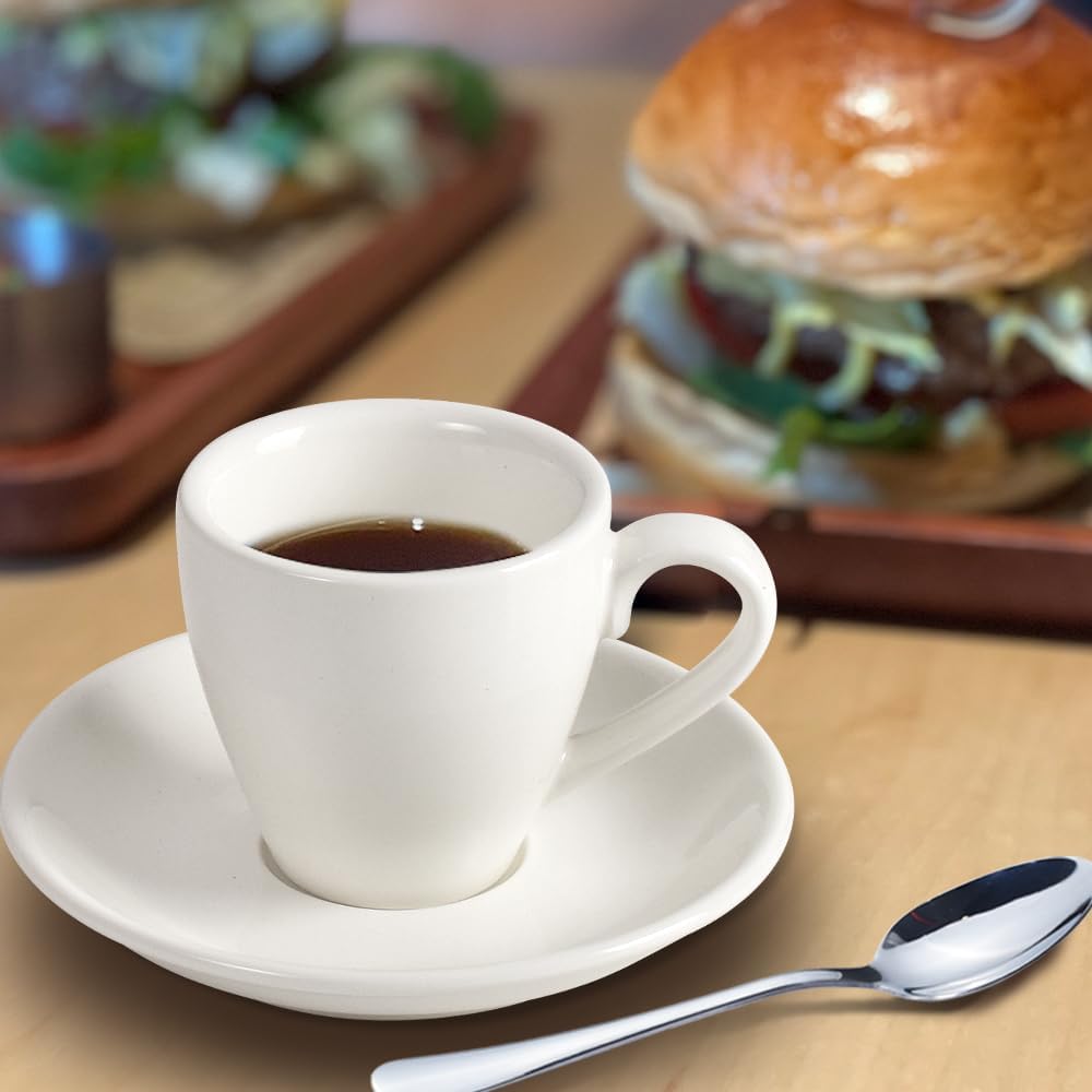 homEdge Porcelain Espresso Shot Cup Set with Saucers and Stainless Steel Spoons - 80 ml / 2.67 oz, Set of 4, White