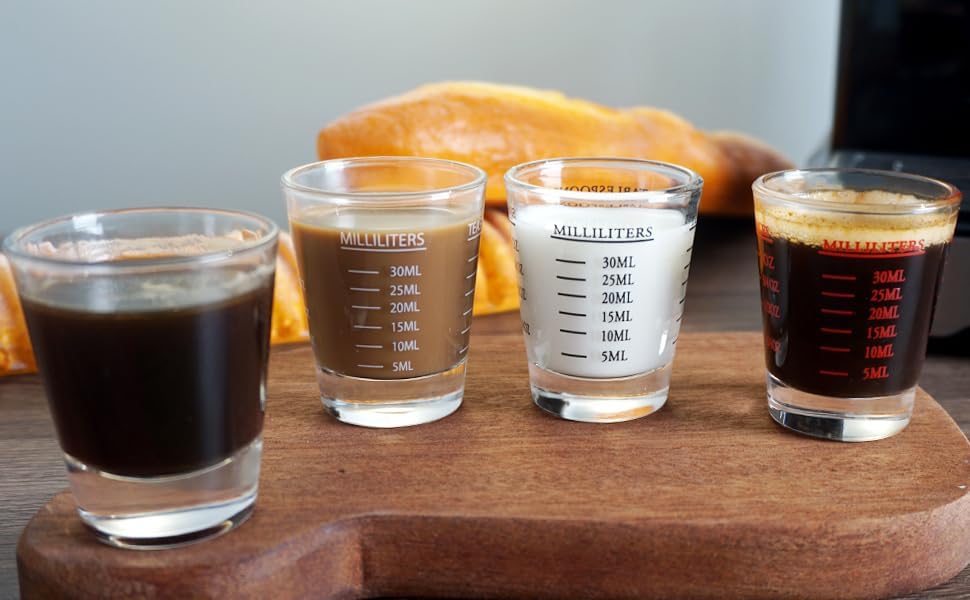 Shot Glasses Measuring cup Liquid Heavy Glass Wine Glass Espresso Shot Glass 26-Incremental Measurement 1 OZ 4 Features 45ML (4 pack-black 30ml)