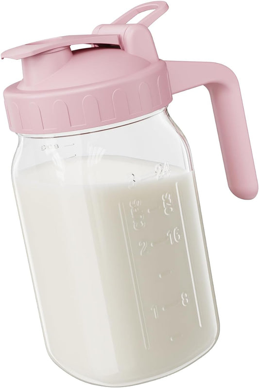 Breast Milk Pitcher Jug - 32 oz Glass Mason Jar Airtight Pitcher with Pour Spout Handle for Breastmilk, Iced Tea, Ice Drinks Storage Container（Pink）