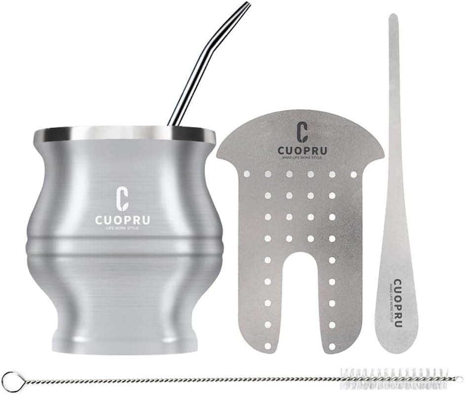 Yerba Mate Cup - Mate Gourd Set Includes Double Walled Stainless Steel Tea Cup, Tea Shaper set, Bombilla Straws, Cleaning Brush (Silver)