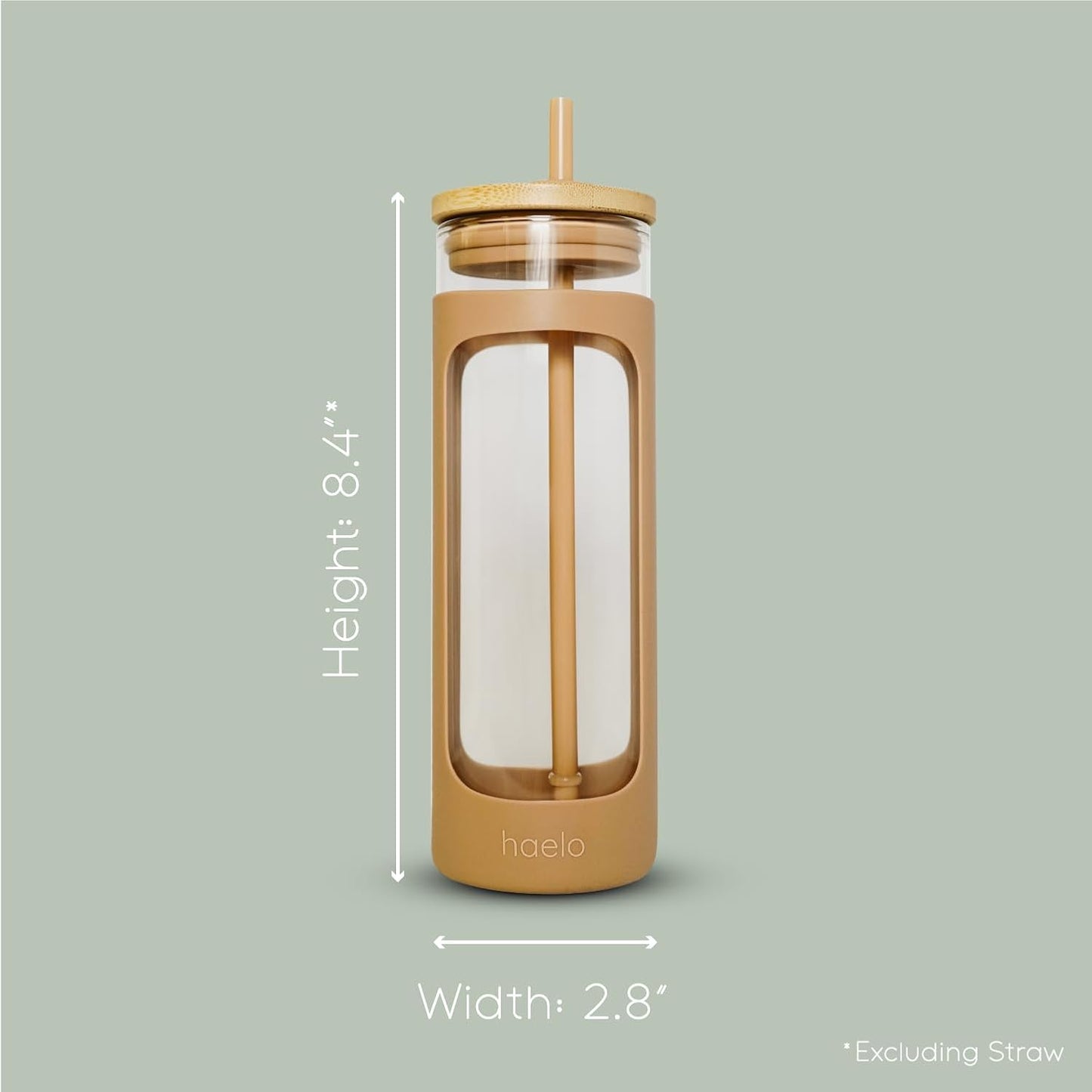haelo 20oz Glass Tumbler Water Bottle, Iced Coffee Cup with Straw, Silicone Protective Sleeve, Bamboo Lid Reusable BPA Free (Sage Green)